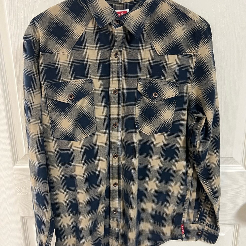 wrangler tan and blue 
plaid  casual button down